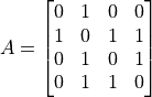A = \begin{bmatrix}
0 & 1 & 0 & 0\\
1 & 0 & 1 & 1\\
0 & 1 & 0 & 1\\
0 & 1 & 1 & 0
\end{bmatrix}