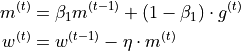 \begin{split}
m^{(t)} & = \beta_1 m^{(t-1)} + (1 - \beta_1)\cdot g^{(t)}\\
w^{(t)} & = w^{(t-1)} - \eta \cdot m^{(t)}\\
\end{split}
